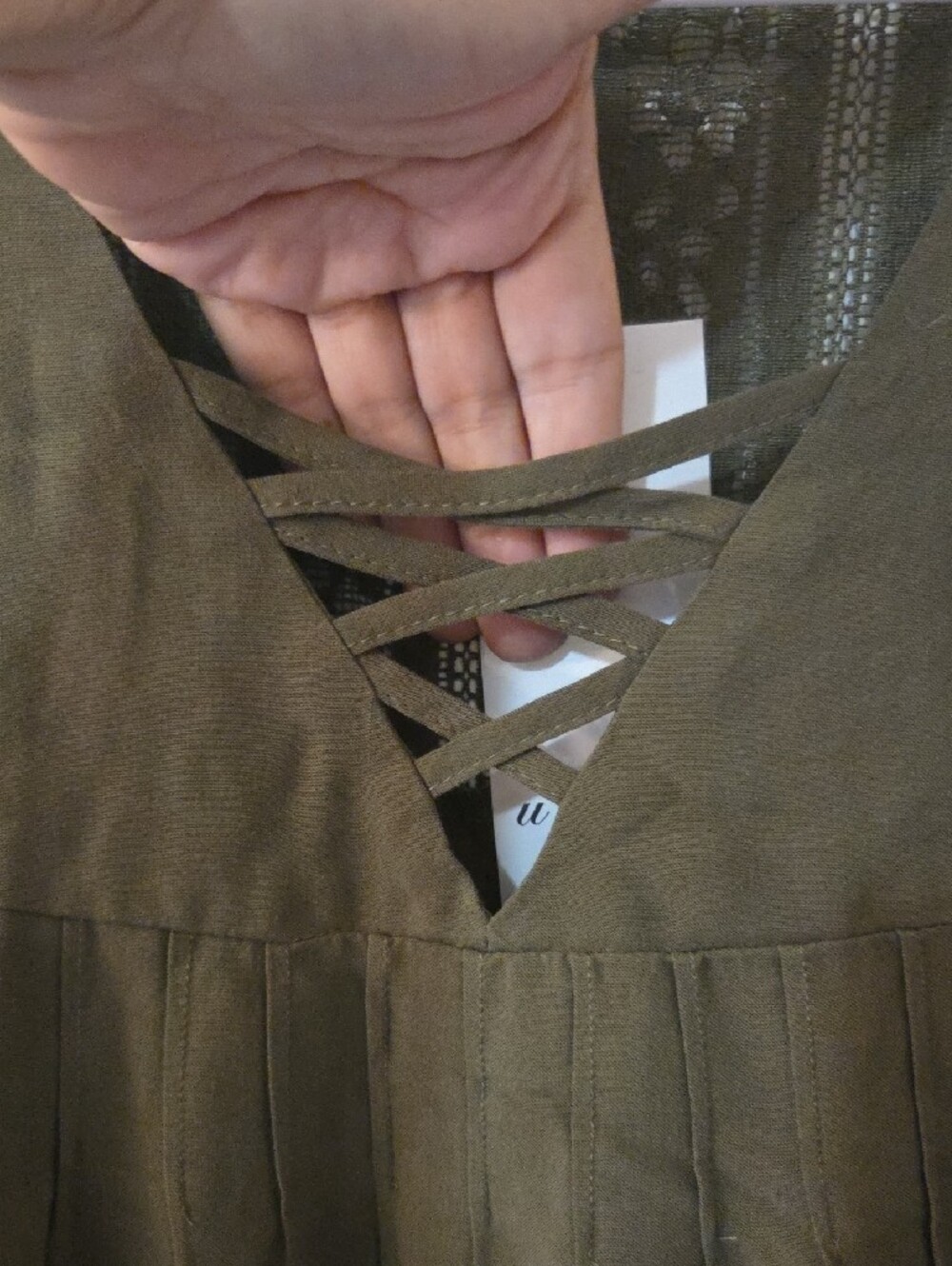 Olive Green Lace-Inset Cottagecore Peasant V-Neck Women's Top Large NWT - Picture 6 of 12
